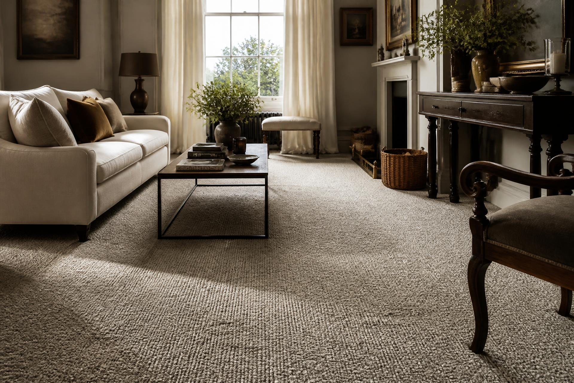 Wool twist carpet fitted wall to wall in an elegant period drawing room
