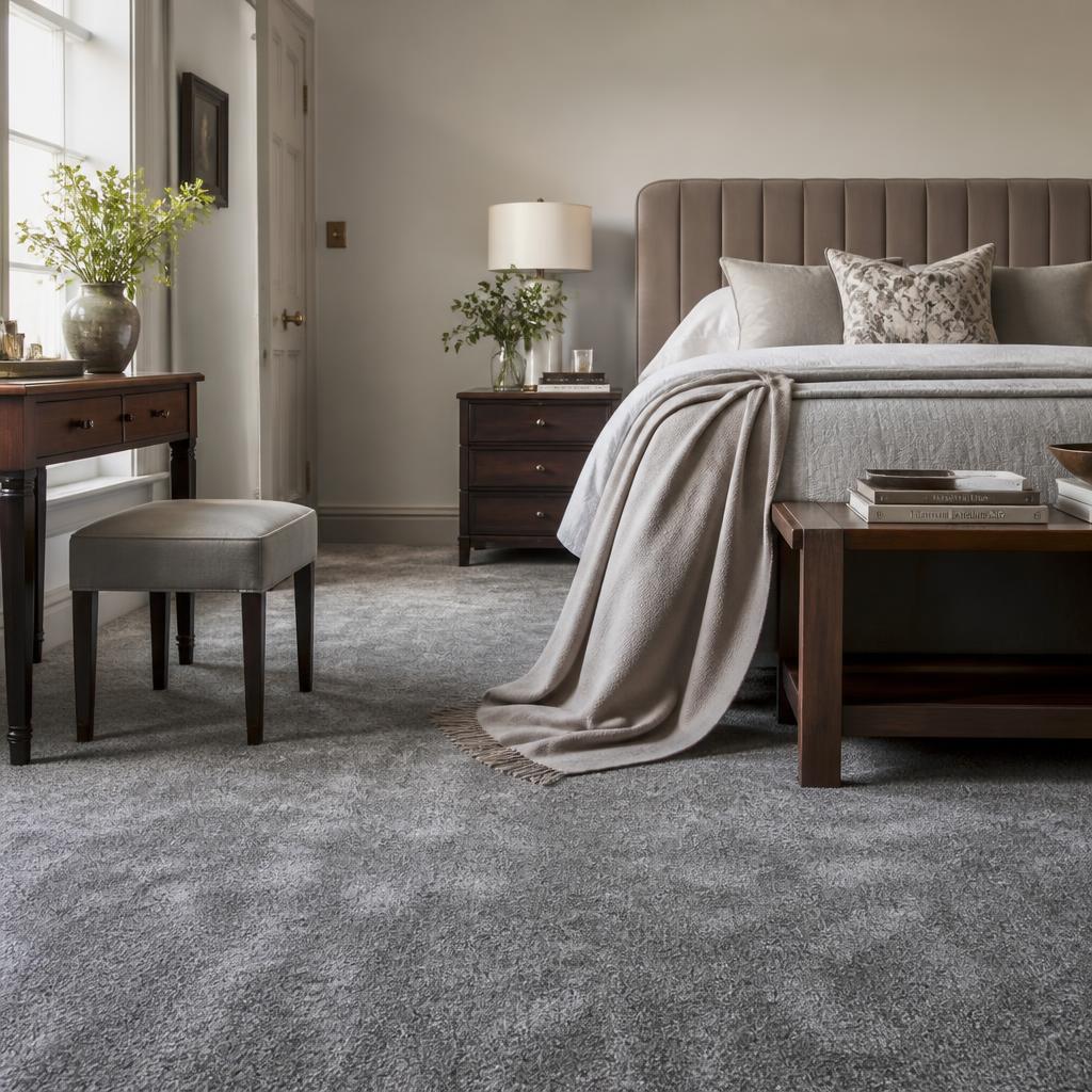 Cosy grey wool bedroom carpet