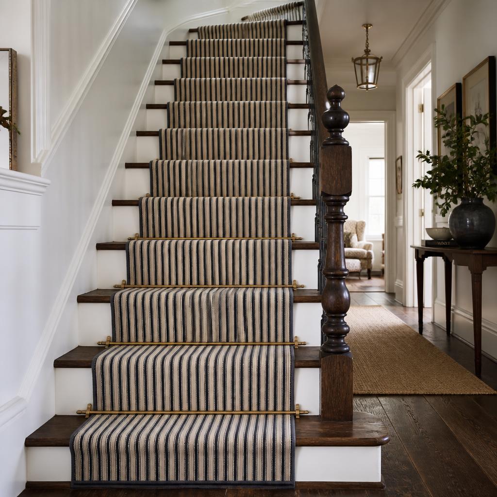 Striped stair runner installation